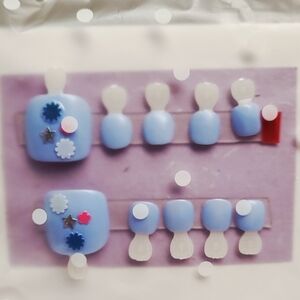 Press-On Nails Blue For Toes with Stars and Flower Accents